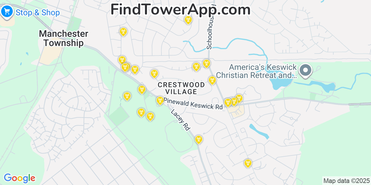 Map showing the 20 primary cell tower locations detected in Crestwood Village, New Jersey from AT&T, Verizon, and T-Mobile networks