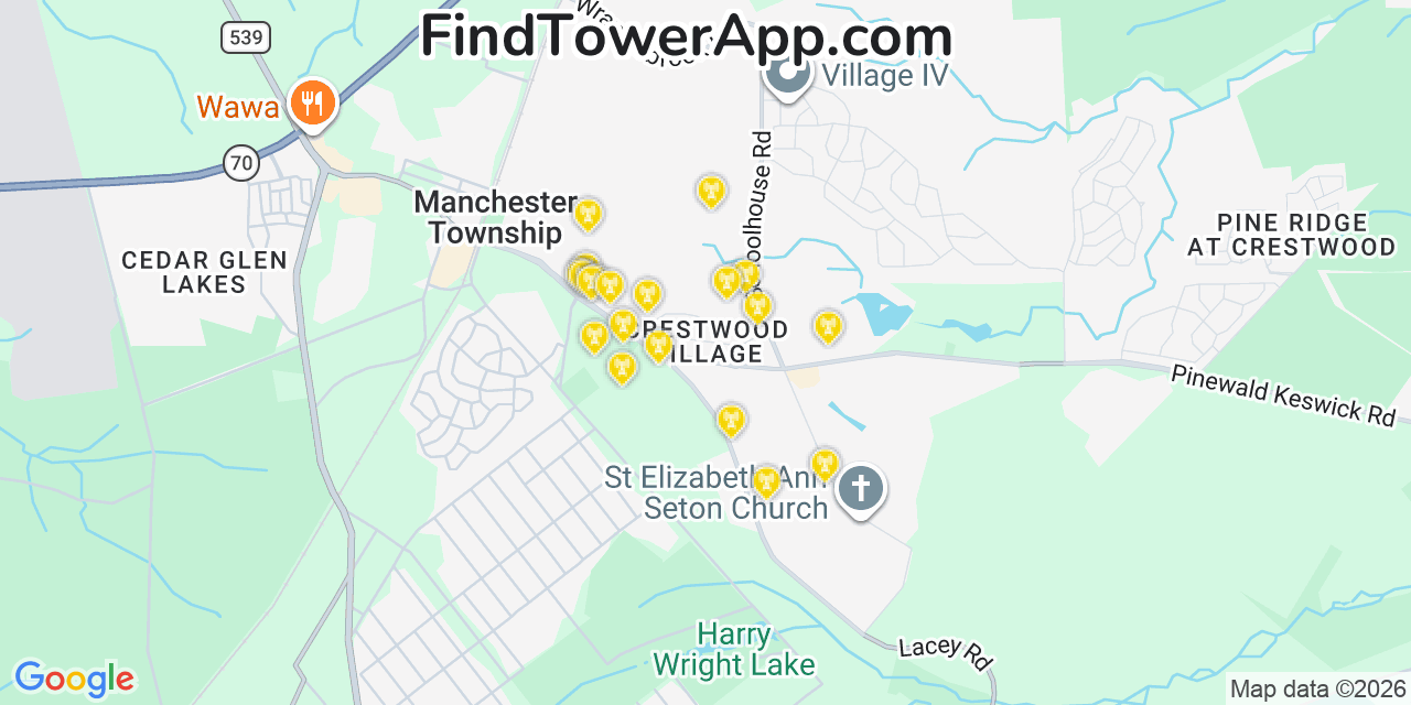 Map showing the 20 primary cell tower locations detected in Crestwood Village, New Jersey from AT&T, Verizon, and T-Mobile networks