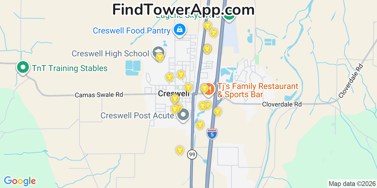 Map showing the 20 primary cell tower locations detected in Creswell, Oregon from AT&T, Verizon, and T-Mobile networks