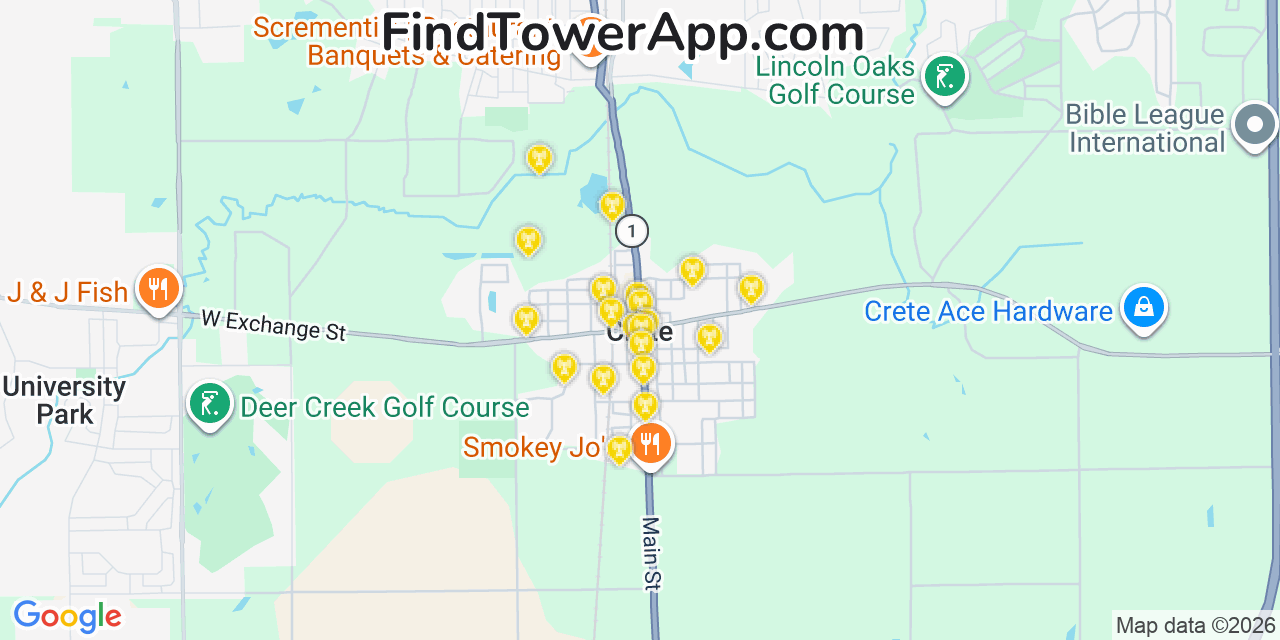 Map showing the 20 primary cell tower locations detected in Crete, Illinois from AT&T, Verizon, and T-Mobile networks
