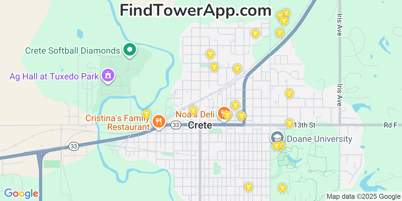 Map showing the 20 primary cell tower locations detected in Crete, Nebraska from AT&T, Verizon, and T-Mobile networks