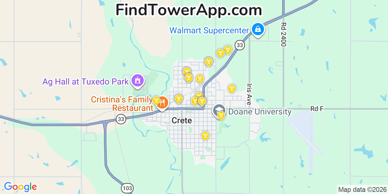 Map showing the 20 primary cell tower locations detected in Crete, Nebraska from AT&T, Verizon, and T-Mobile networks