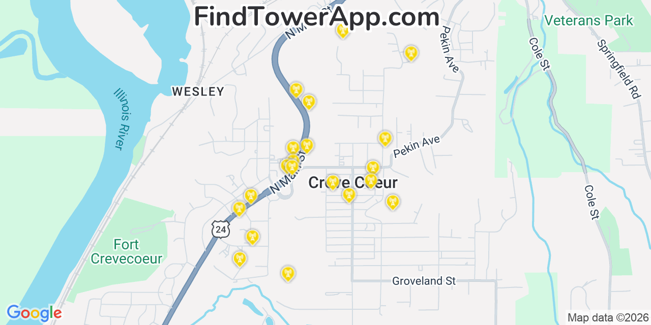 Map showing the 20 primary cell tower locations detected in Creve Coeur, Illinois from AT&T, Verizon, and T-Mobile networks