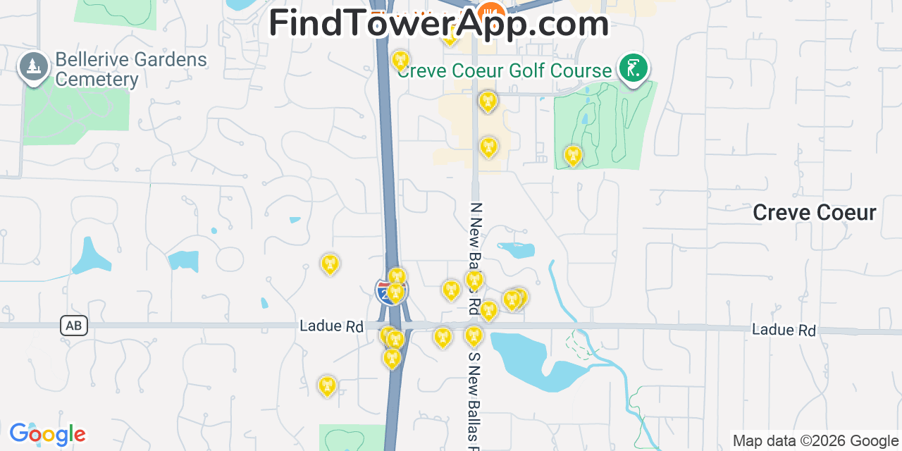 Map showing the 20 primary cell tower locations detected in Creve Coeur, Missouri from AT&T, Verizon, and T-Mobile networks