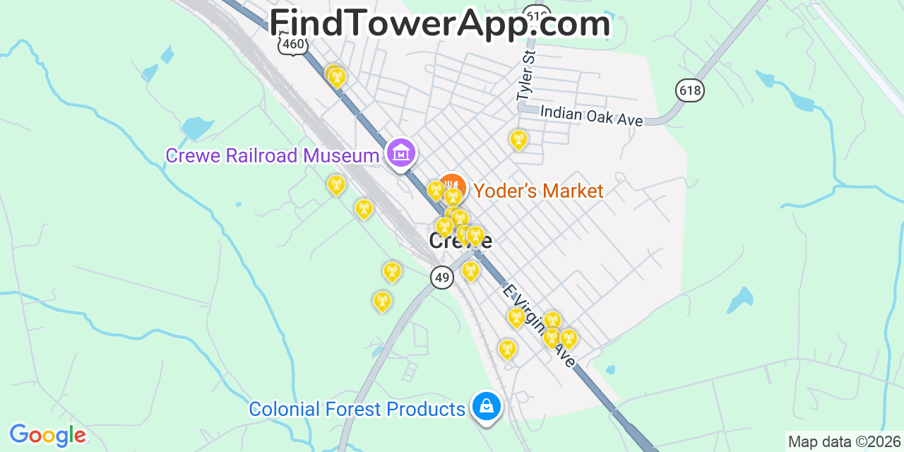 Map showing the 20 primary cell tower locations detected in Crewe, Virginia from AT&T, Verizon, and T-Mobile networks