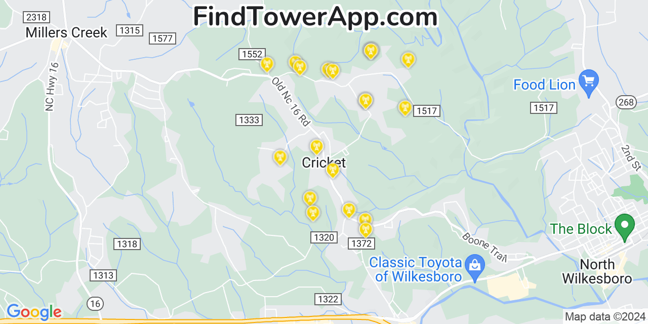 AT&T 4G/5G cell tower coverage map Cricket, North Carolina