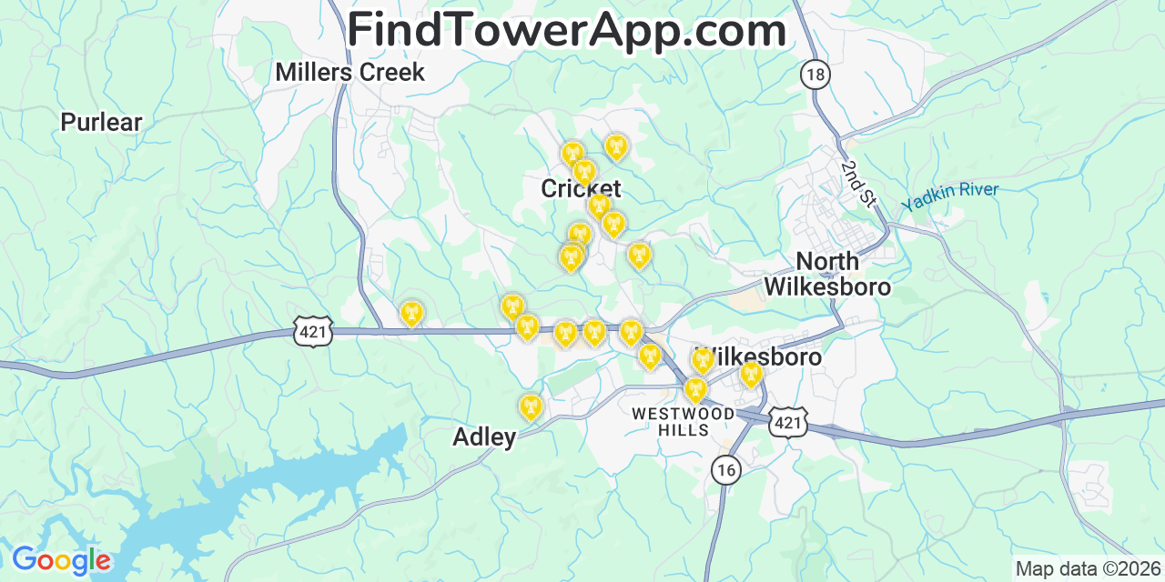 Map showing the 20 primary cell tower locations detected in Cricket, North Carolina from AT&T, Verizon, and T-Mobile networks