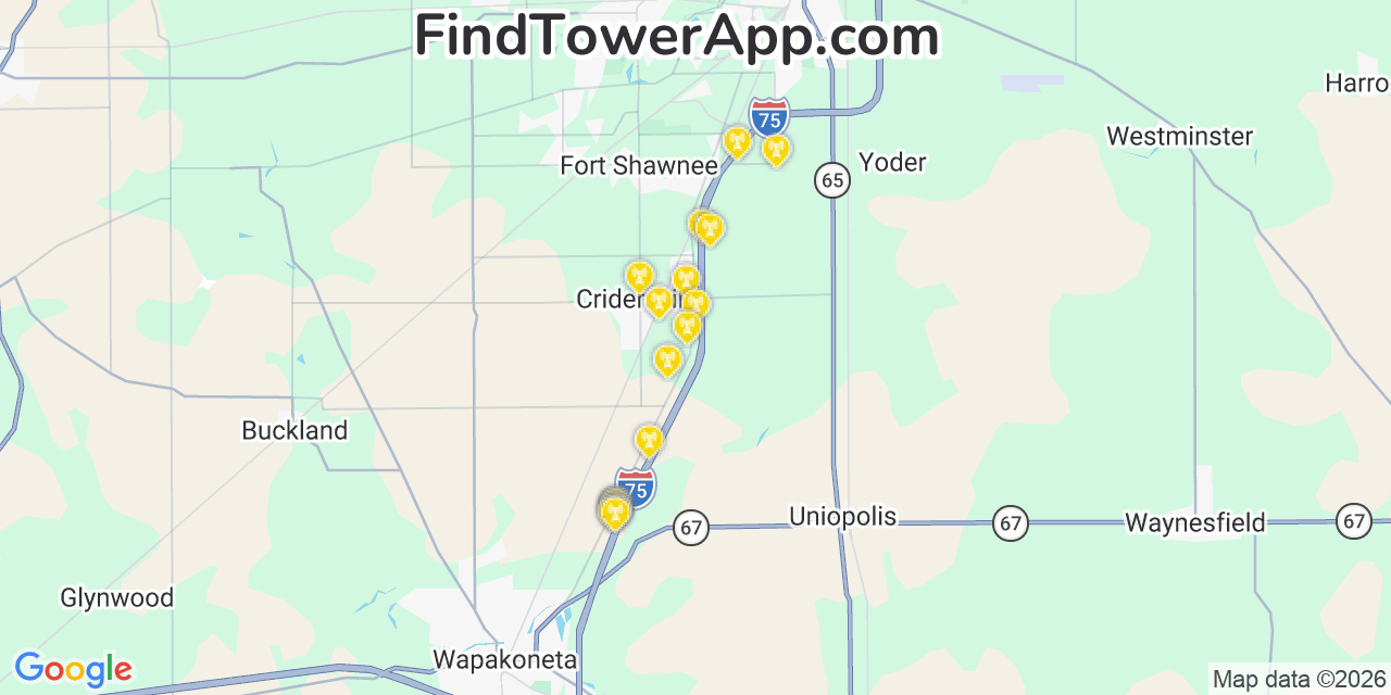 Map showing the 20 primary cell tower locations detected in Cridersville, Ohio from AT&T, Verizon, and T-Mobile networks