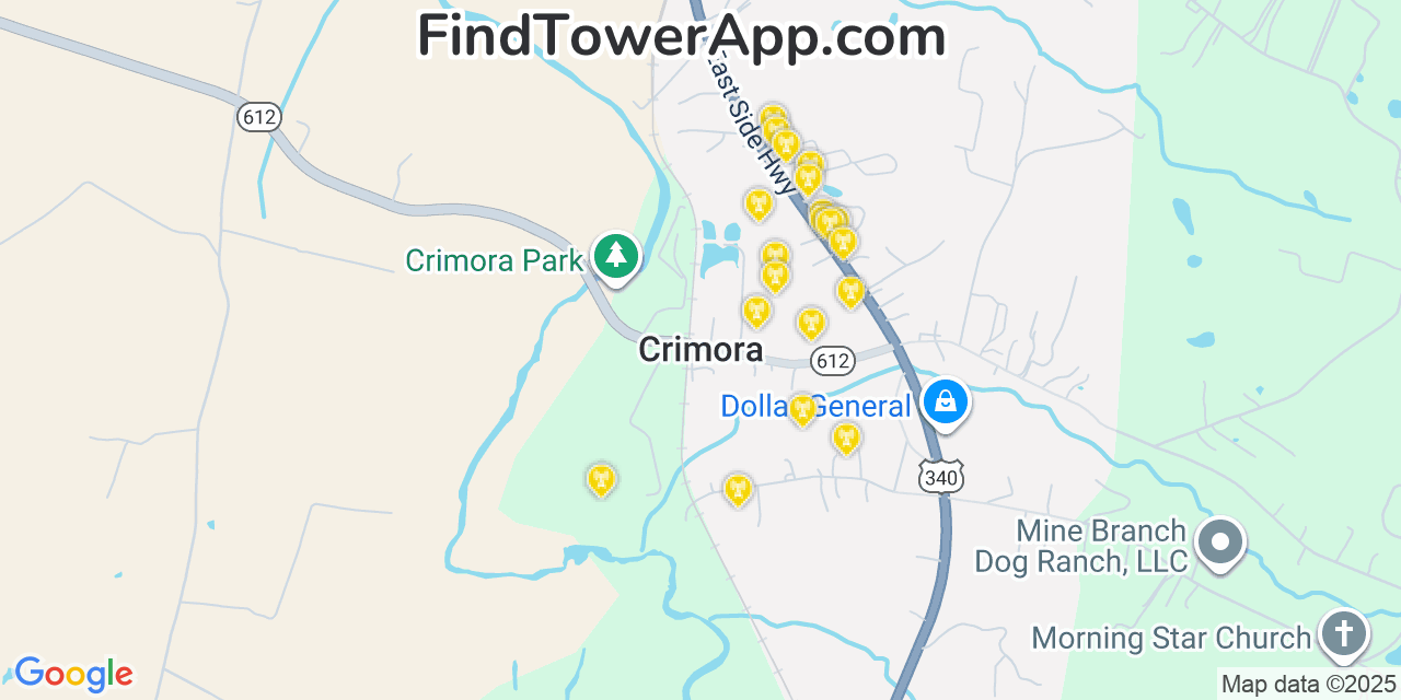 Map showing the 20 primary cell tower locations detected in Crimora, Virginia from AT&T, Verizon, and T-Mobile networks