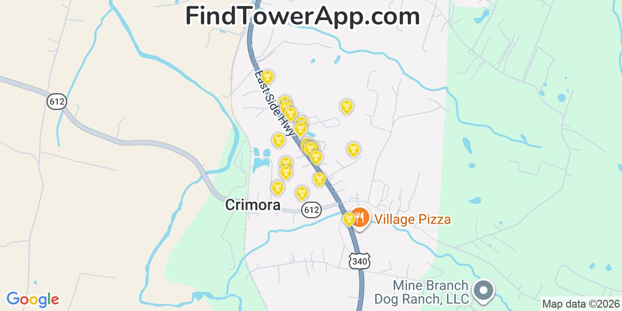 Map showing the 20 primary cell tower locations detected in Crimora, Virginia from AT&T, Verizon, and T-Mobile networks