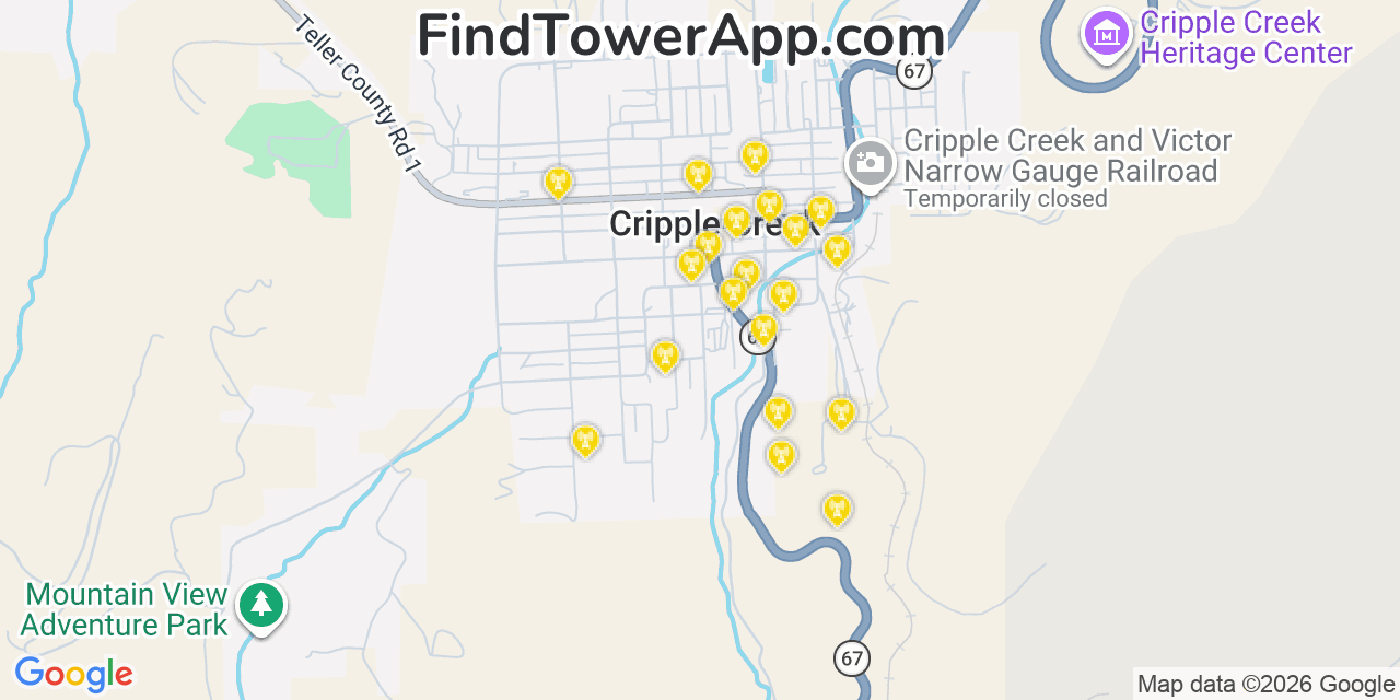 Map showing the 20 primary cell tower locations detected in Cripple Creek, Colorado from AT&T, Verizon, and T-Mobile networks