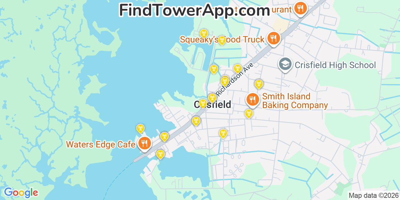 Map showing the 20 primary cell tower locations detected in Crisfield, Maryland from AT&T, Verizon, and T-Mobile networks