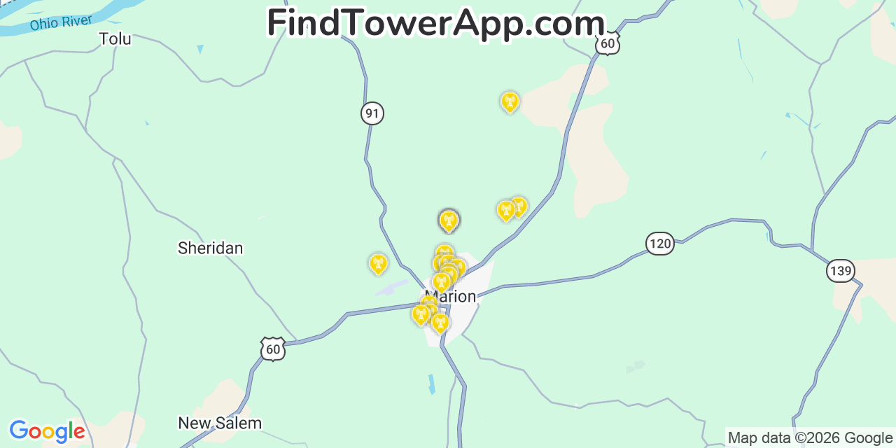 Map showing the 20 primary cell tower locations detected in Crittenden, Kentucky from AT&T, Verizon, and T-Mobile networks