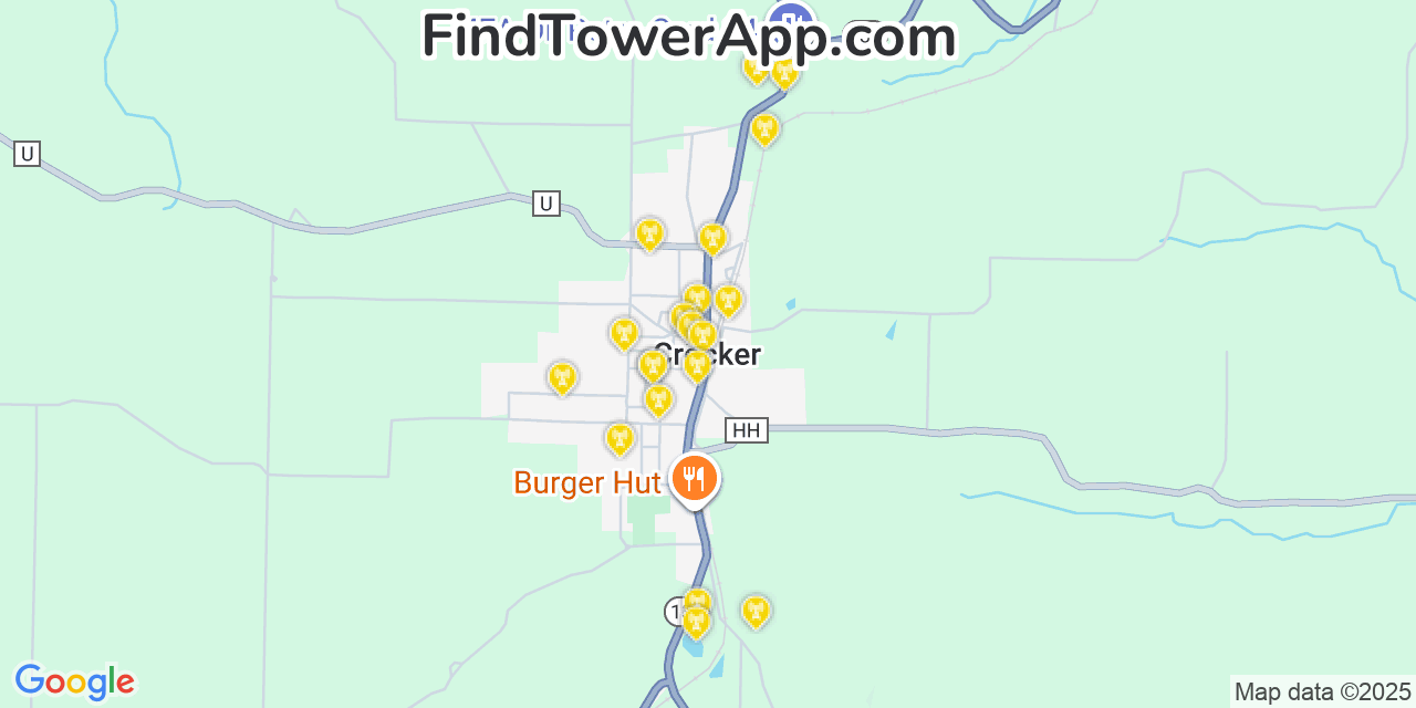 Map showing the 20 primary cell tower locations detected in Crocker, Missouri from AT&T, Verizon, and T-Mobile networks