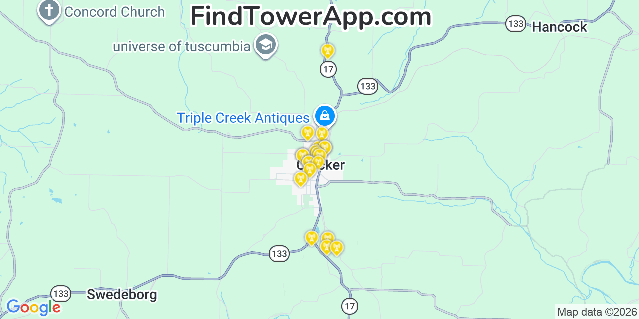 Map showing the 20 primary cell tower locations detected in Crocker, Missouri from AT&T, Verizon, and T-Mobile networks