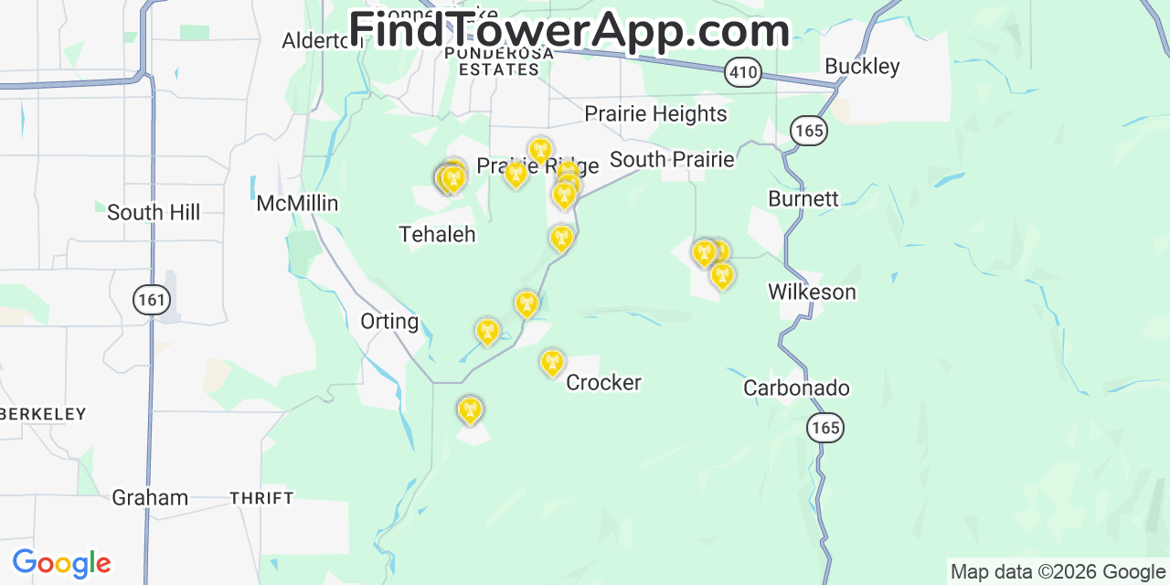Map showing the 20 primary cell tower locations detected in Crocker, Washington from AT&T, Verizon, and T-Mobile networks