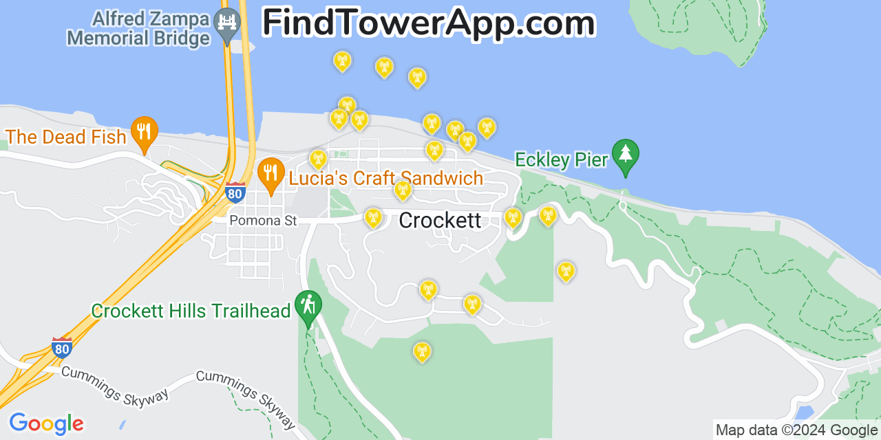 AT&T 4G/5G cell tower coverage map Crockett, California