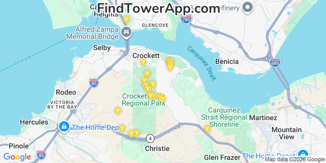Map showing the 20 primary cell tower locations detected in Crockett, California from AT&T, Verizon, and T-Mobile networks