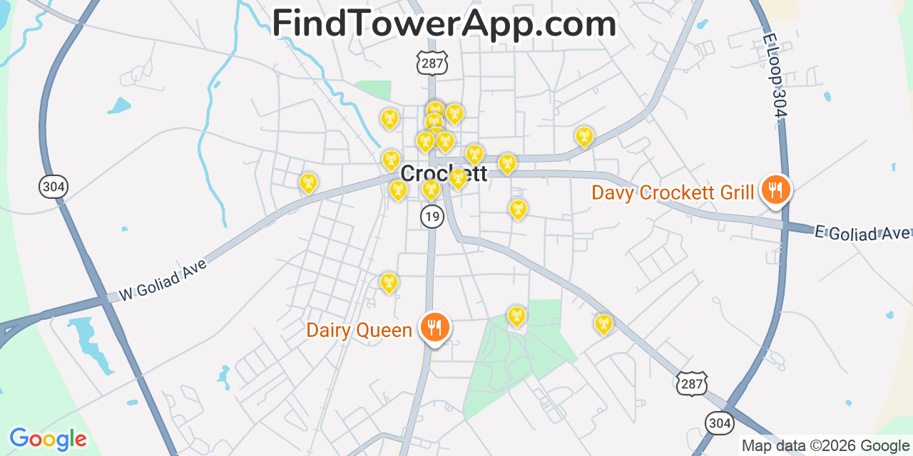Map showing the 20 primary cell tower locations detected in Crockett, Texas from AT&T, Verizon, and T-Mobile networks