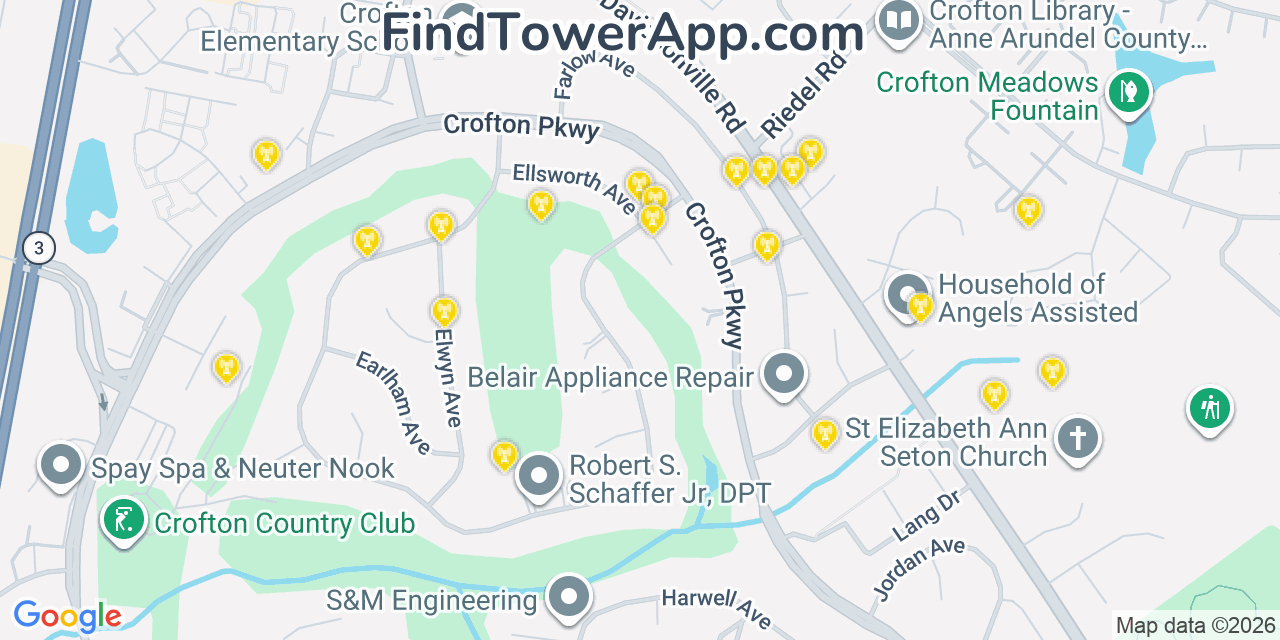 Map showing the 20 primary cell tower locations detected in Crofton, Maryland from AT&T, Verizon, and T-Mobile networks