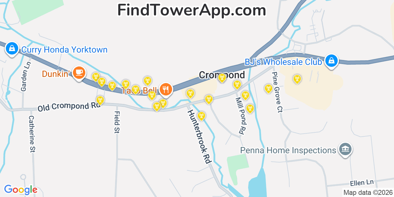 Map showing the 20 primary cell tower locations detected in Crompond, New York from AT&T, Verizon, and T-Mobile networks