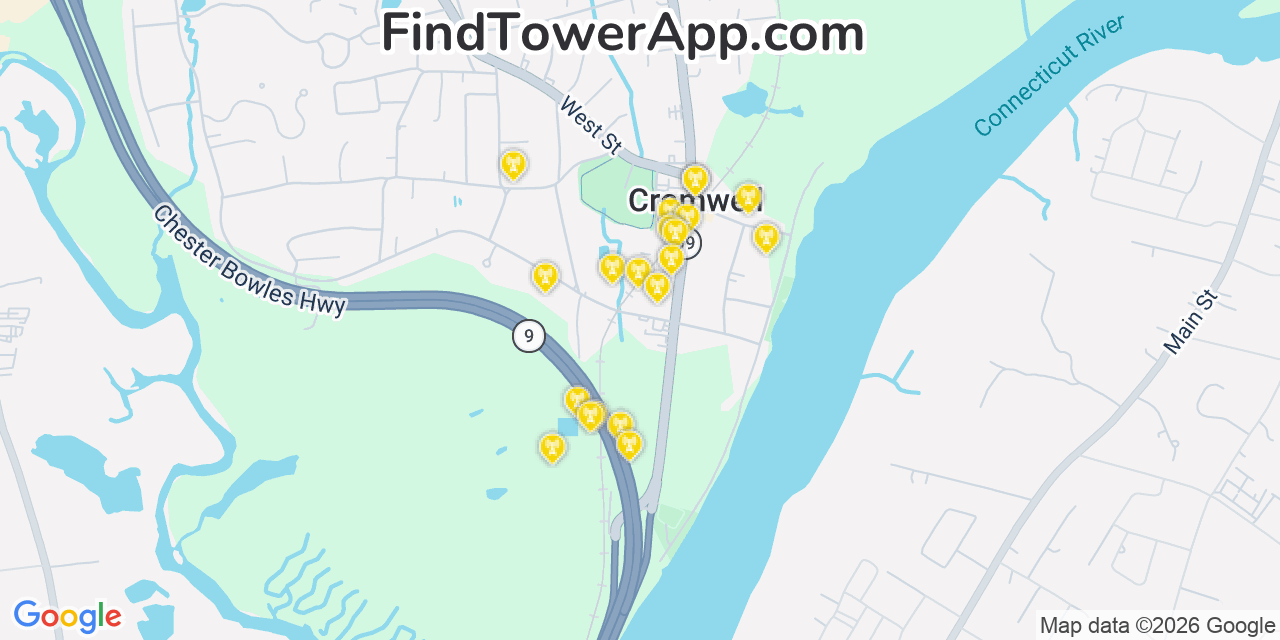 Map showing the 20 primary cell tower locations detected in Cromwell, Connecticut from AT&T, Verizon, and T-Mobile networks