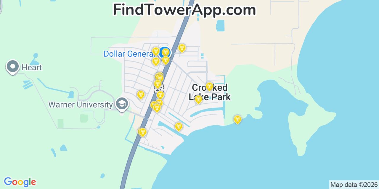Map showing the 20 primary cell tower locations detected in Crooked Lake Park, Florida from AT&T, Verizon, and T-Mobile networks
