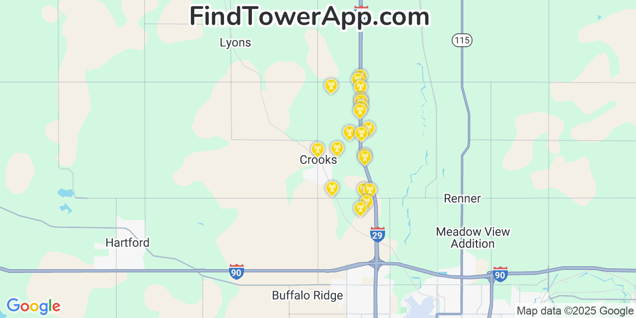 Map showing the 20 primary cell tower locations detected in Crooks, South Dakota from AT&T, Verizon, and T-Mobile networks
