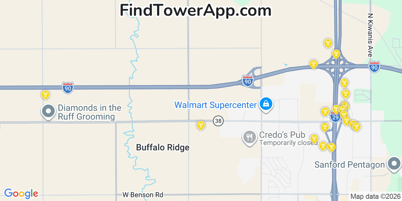 Map showing the 20 primary cell tower locations detected in Crooks, South Dakota from AT&T, Verizon, and T-Mobile networks
