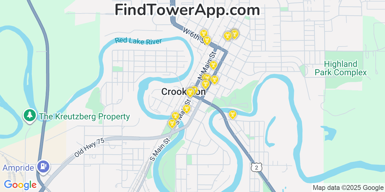 Map showing the 20 primary cell tower locations detected in Crookston, Minnesota from AT&T, Verizon, and T-Mobile networks