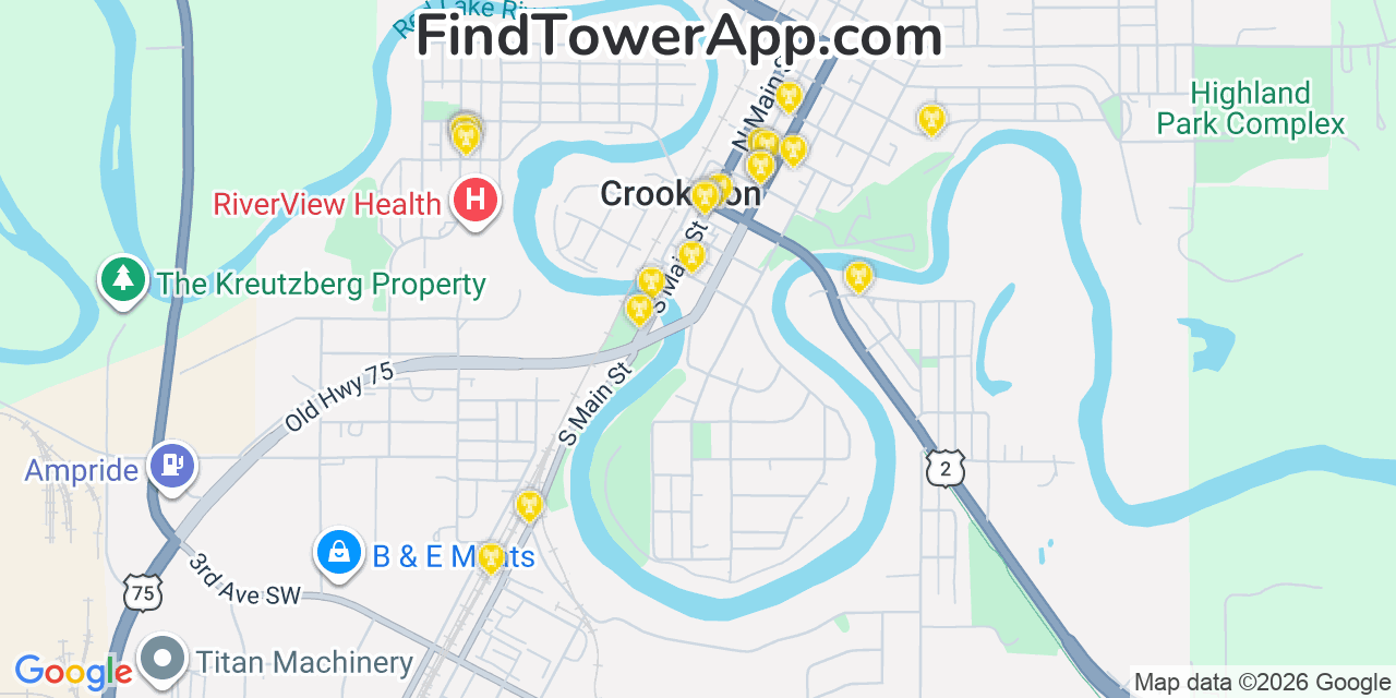 Map showing the 20 primary cell tower locations detected in Crookston, Minnesota from AT&T, Verizon, and T-Mobile networks