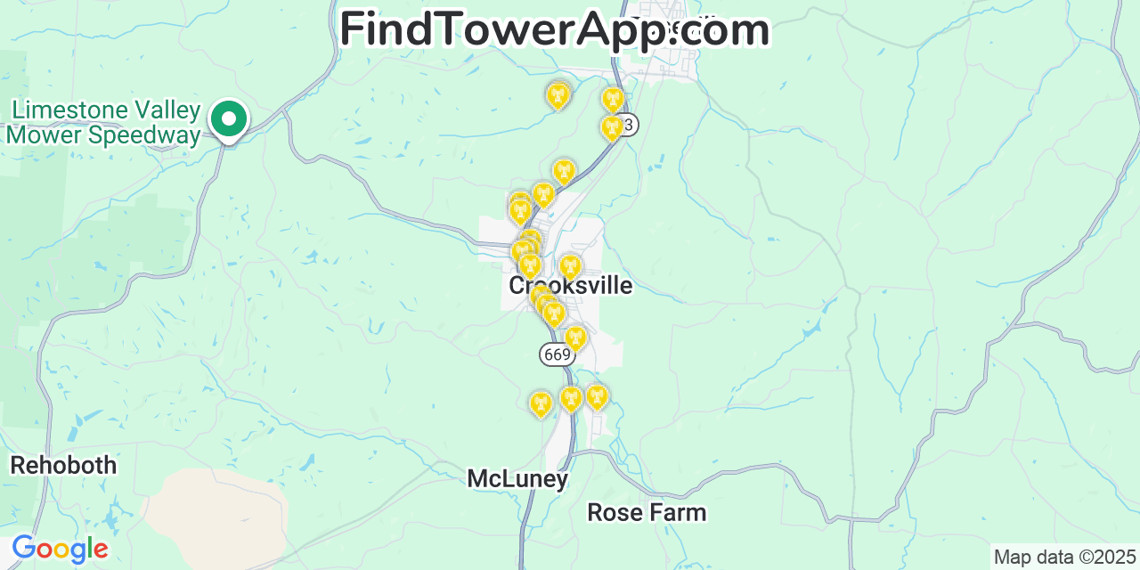 Map showing the 20 primary cell tower locations detected in Crooksville, Ohio from AT&T, Verizon, and T-Mobile networks