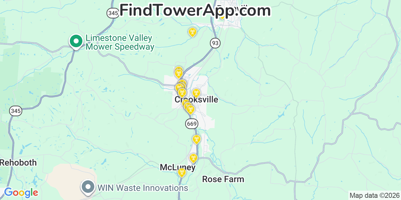 Map showing the 20 primary cell tower locations detected in Crooksville, Ohio from AT&T, Verizon, and T-Mobile networks
