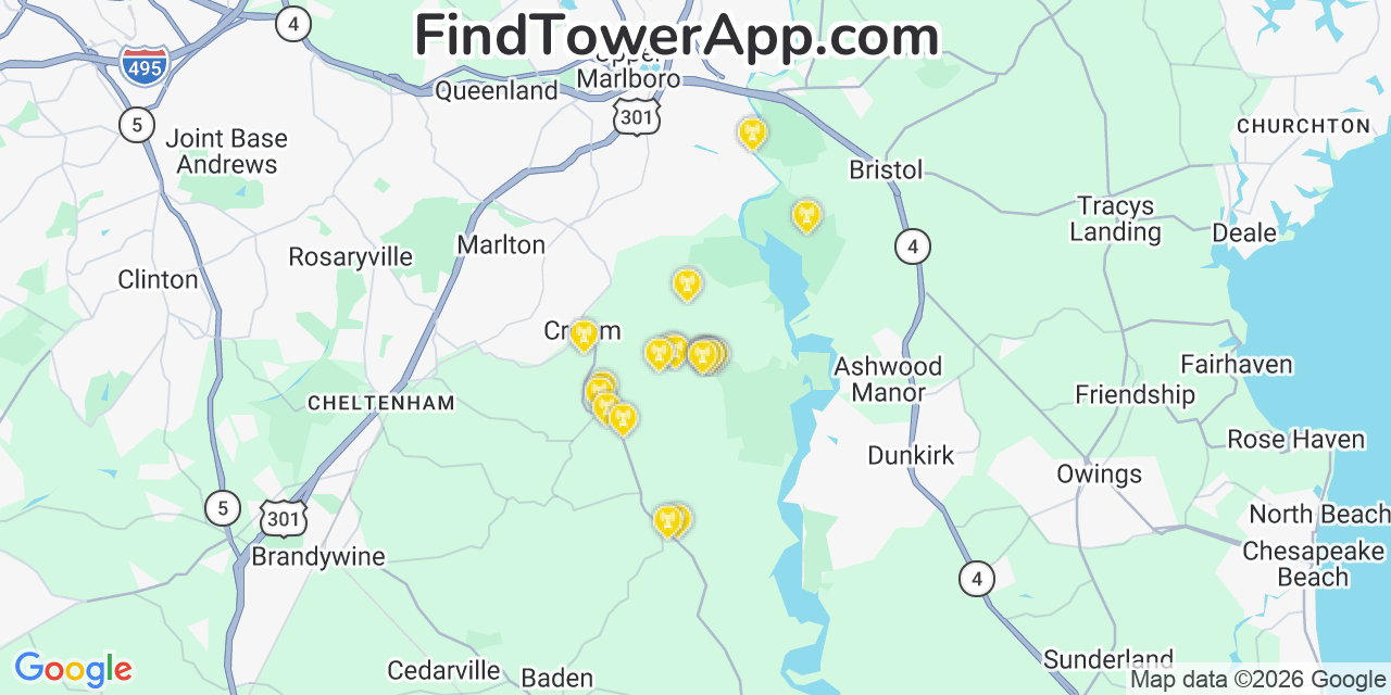 Map showing the 20 primary cell tower locations detected in Croom, Maryland from AT&T, Verizon, and T-Mobile networks
