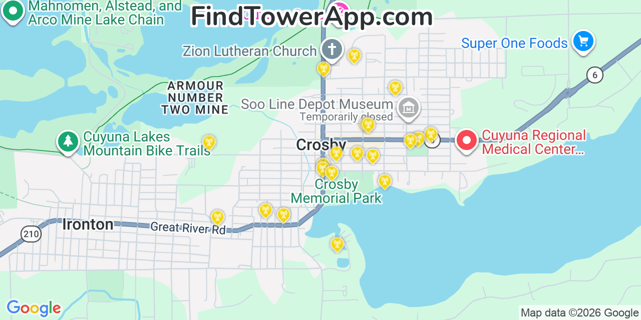 Map showing the 20 primary cell tower locations detected in Crosby, Minnesota from AT&T, Verizon, and T-Mobile networks
