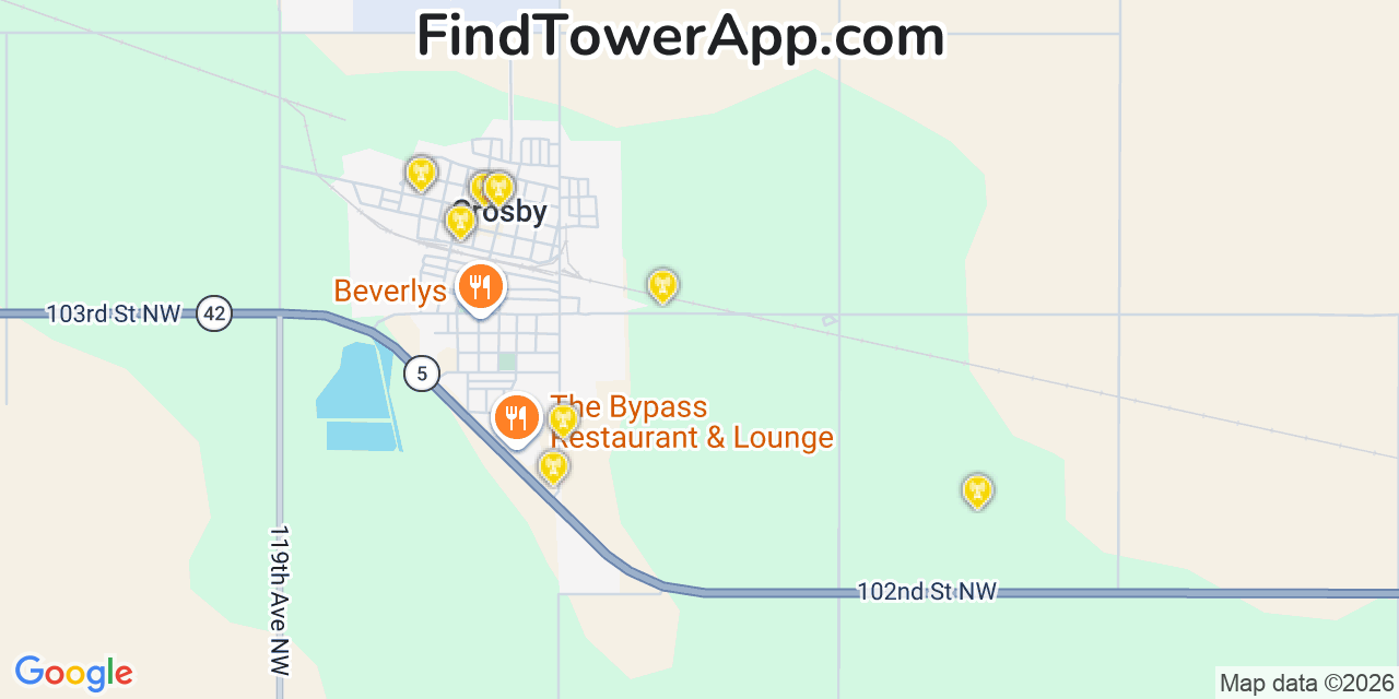 Map showing the 20 primary cell tower locations detected in Crosby, North Dakota from AT&T, Verizon, and T-Mobile networks