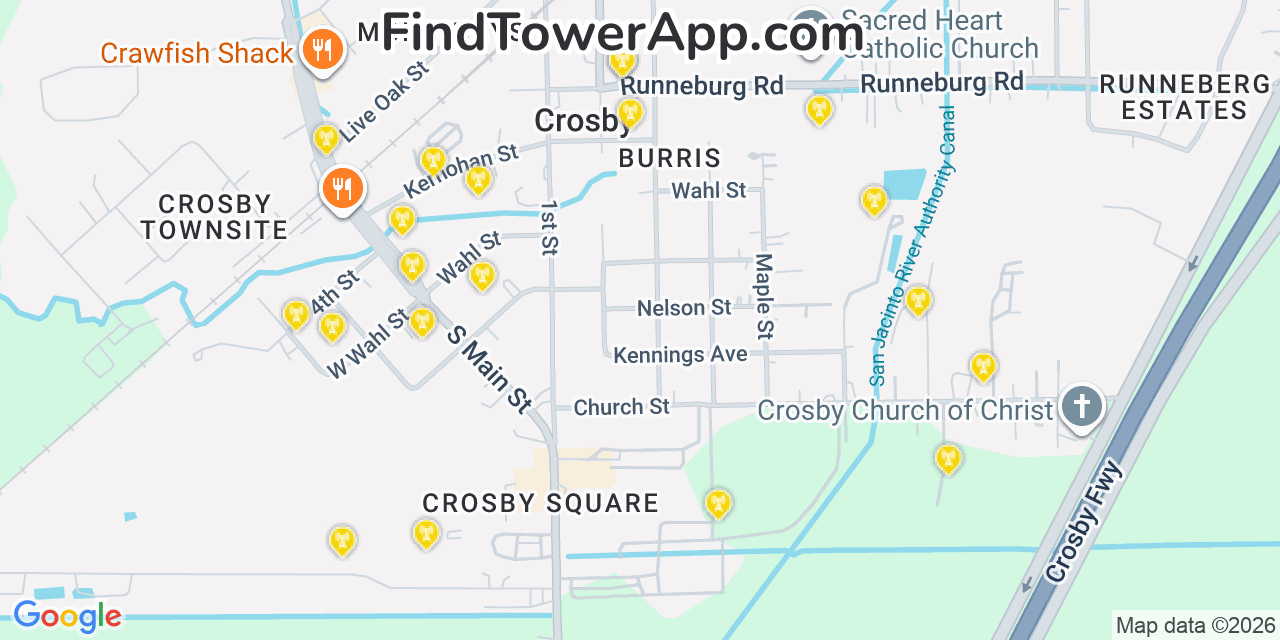 Map showing the 20 primary cell tower locations detected in Crosby, Texas from AT&T, Verizon, and T-Mobile networks