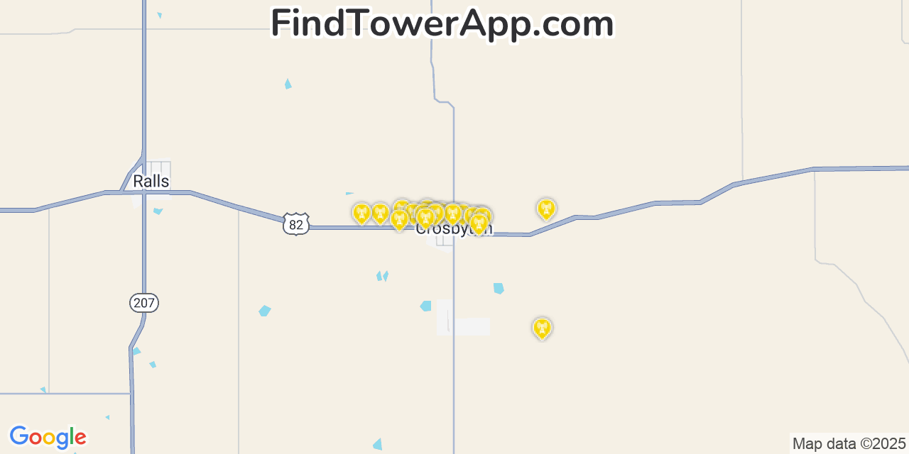 Map showing the 20 primary cell tower locations detected in Crosbyton, Texas from AT&T, Verizon, and T-Mobile networks