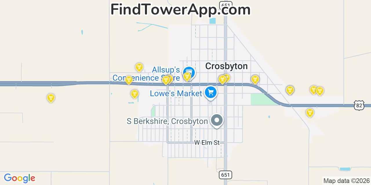 Map showing the 20 primary cell tower locations detected in Crosbyton, Texas from AT&T, Verizon, and T-Mobile networks