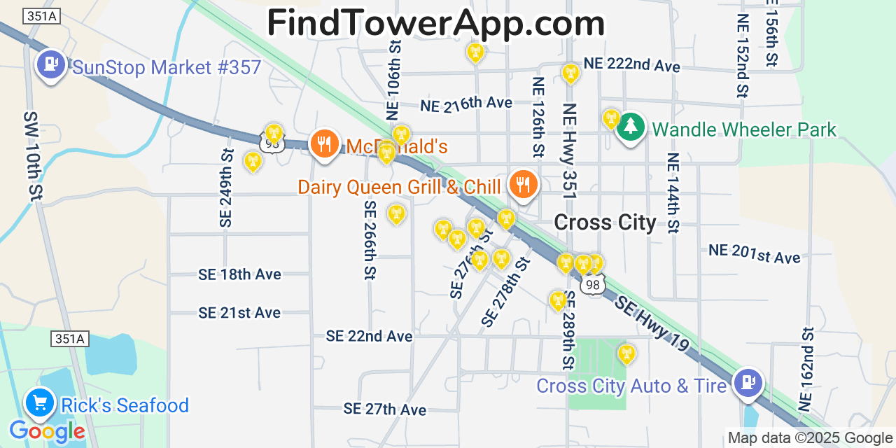 Map showing the 20 primary cell tower locations detected in Cross City, Florida from AT&T, Verizon, and T-Mobile networks