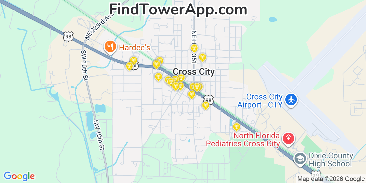 Map showing the 20 primary cell tower locations detected in Cross City, Florida from AT&T, Verizon, and T-Mobile networks
