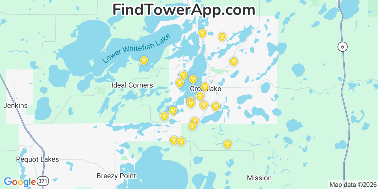 Map showing the 20 primary cell tower locations detected in Cross Lake, Minnesota from AT&T, Verizon, and T-Mobile networks
