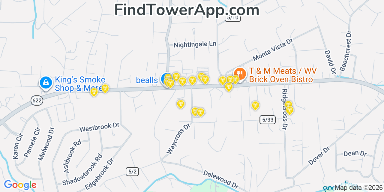 Map showing the 20 primary cell tower locations detected in Cross Lanes, West Virginia from AT&T, Verizon, and T-Mobile networks
