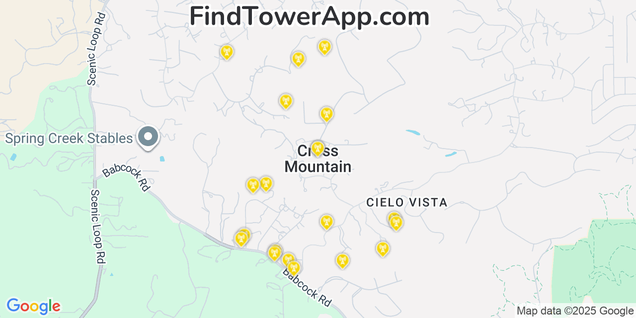 Map showing the 20 primary cell tower locations detected in Cross Mountain, Texas from AT&T, Verizon, and T-Mobile networks