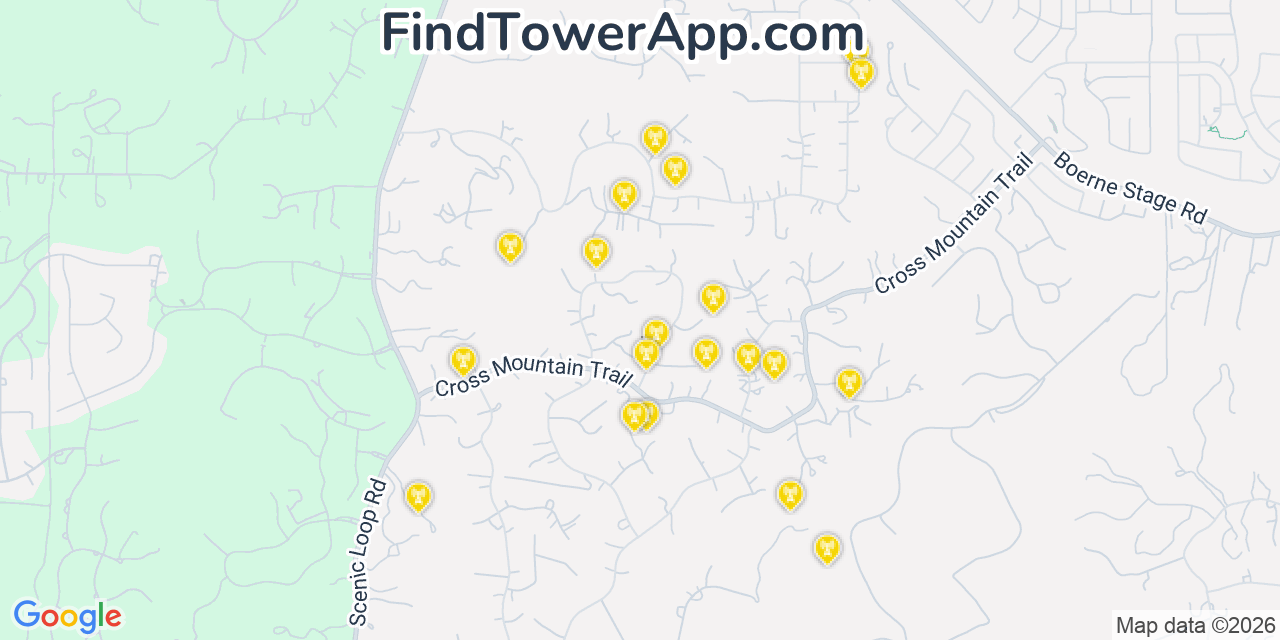 Map showing the 20 primary cell tower locations detected in Cross Mountain, Texas from AT&T, Verizon, and T-Mobile networks