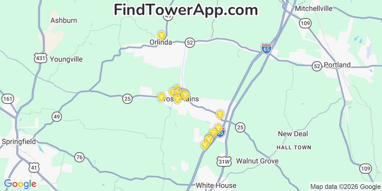 Map showing the 20 primary cell tower locations detected in Cross Plains, Tennessee from AT&T, Verizon, and T-Mobile networks