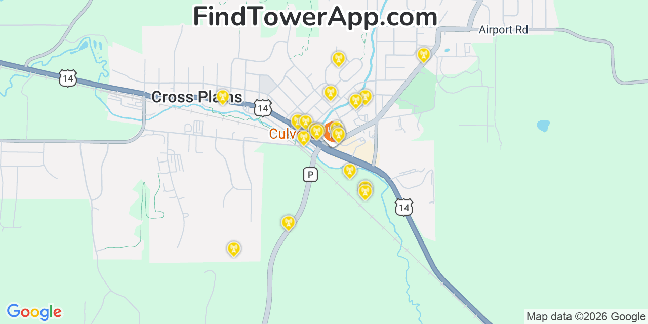 Map showing the 20 primary cell tower locations detected in Cross Plains, Wisconsin from AT&T, Verizon, and T-Mobile networks
