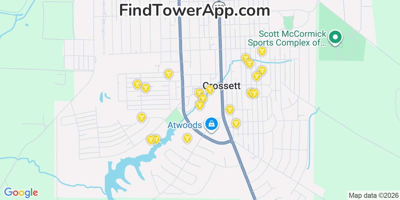Map showing the 20 primary cell tower locations detected in Crossett, Arkansas from AT&T, Verizon, and T-Mobile networks