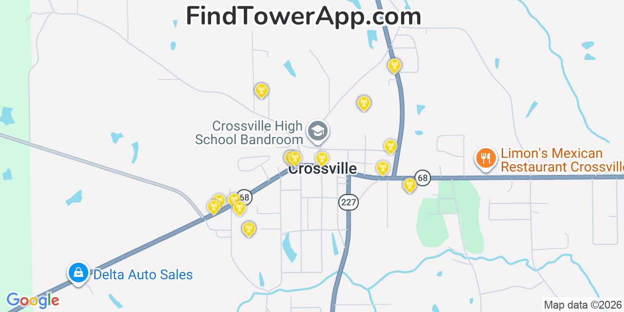Map showing the 20 primary cell tower locations detected in Crossville, Alabama from AT&T, Verizon, and T-Mobile networks