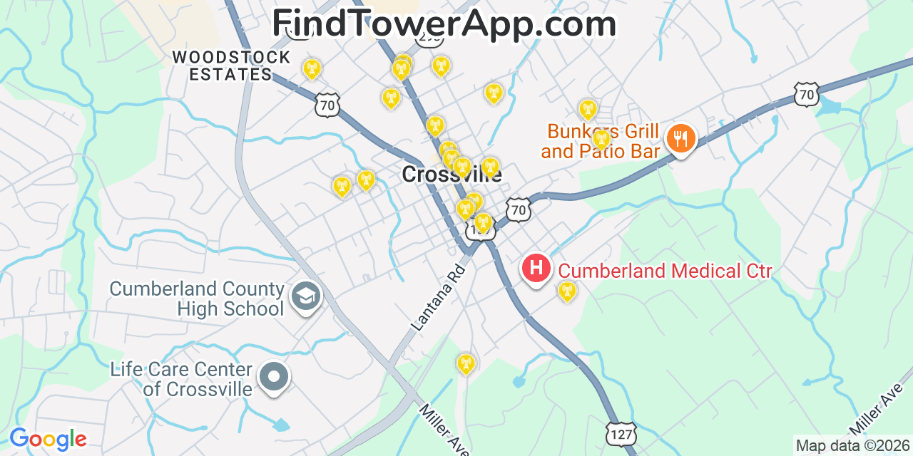Map showing the 20 primary cell tower locations detected in Crossville, Tennessee from AT&T, Verizon, and T-Mobile networks